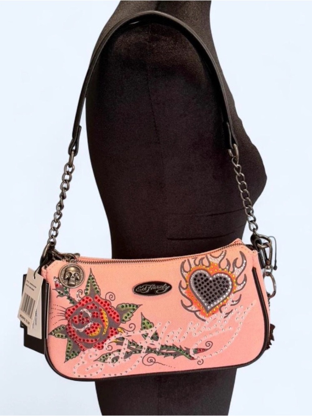 Ed Hardy Pink Rhinestone Heart & Rose Mini Shoulder Bag with Chain Strap